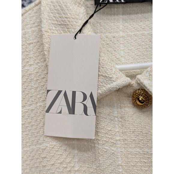 NWT Zara Tweed Cropped Blazer Size XL Gold Button Preppy Office Cream - Picture 8 of 13